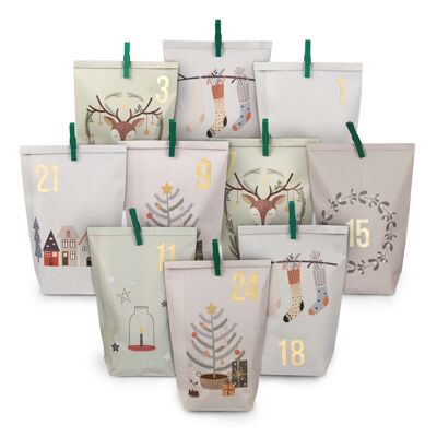 Extravagante calendario de Adviento para llenar - con 24 bolsas de regalo de colores pastel y 24 adhesivos y clips de números - Motivo Hygge - para manualidades y regalos - Navidad y Adviento