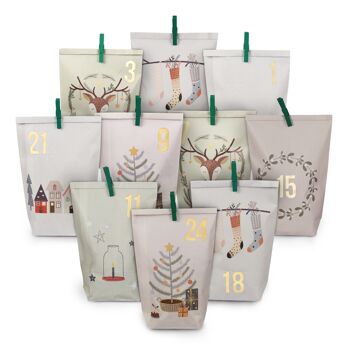 Calendrier de l'Avent extravagant à remplir - avec 24 sacs-cadeaux de couleur pastel et 24 autocollants et clips numériques - Motif Hygge - pour l'artisanat et les cadeaux - Noël et l'Avent 1