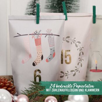 Calendrier de l'Avent extravagant à remplir - avec 24 sacs-cadeaux de couleur pastel et 24 autocollants et clips numériques - Motif Hygge - pour l'artisanat et les cadeaux - Noël et l'Avent 2