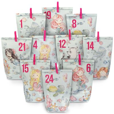 Extravagant Advent calendar to fill - with 24 turquoise printed gift bags and 24 number stickers and clips - mermaid motif - for handicrafts and gifts - Christmas & Advent