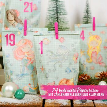 Calendrier de l'Avent extravagant à remplir - avec 24 sacs-cadeaux imprimés turquoise et 24 autocollants et clips numérotés - motif sirène - pour l'artisanat et les cadeaux - Noël et l'Avent 2