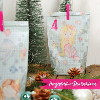 Calendrier de l'Avent extravagant à remplir - avec 24 sacs-cadeaux imprimés turquoise et 24 autocollants et clips numérotés - motif sirène - pour l'artisanat et les cadeaux - Noël et l'Avent 4