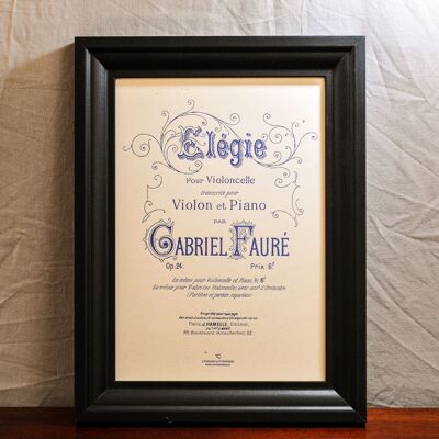Affiche Letterpress Élégie de Fauré, A4, papier recyclé, musique classique, bleu