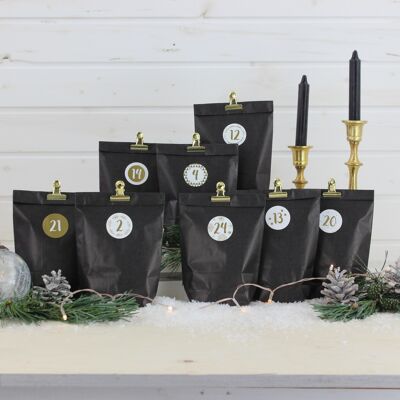 Calendrier de l'Avent extravagant à remplir - avec 24 sacs-cadeaux noirs et 24 autocollants et clips numériques - motif Élégance - pour l'artisanat et à offrir - Noël et l'Avent
