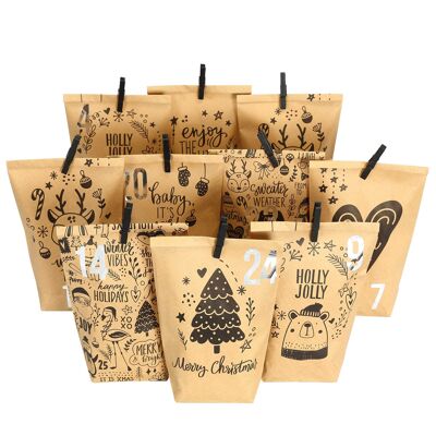 Extravagant Advent calendar to fill - with 24 brown gift bags and 24 number stickers and clips - motif children's motif 1 - for handicrafts and giving away - Christmas & Advent