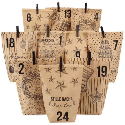 Calendrier de l'Avent extravagant à remplir - avec 24 sacs cadeaux marron et 24 autocollants et clips numérotés - motif Noël - pour l'artisanat et les cadeaux - Noël et l'Avent