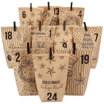 Calendrier de l'Avent extravagant à remplir - avec 24 sacs cadeaux marron et 24 autocollants et clips numérotés - motif Noël - pour l'artisanat et les cadeaux - Noël et l'Avent 1