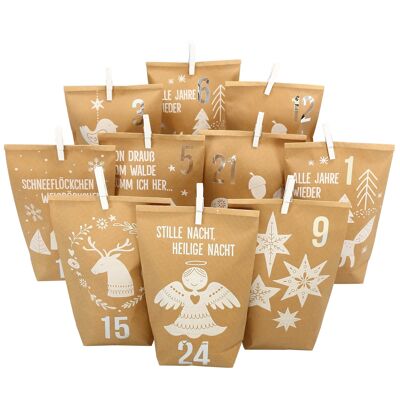 Calendrier de l'Avent extravagant à remplir - avec 24 sacs cadeaux marron et 24 autocollants et clips numérotés - motif animaux de la forêt blanc - pour l'artisanat et les cadeaux - Noël et l'Avent