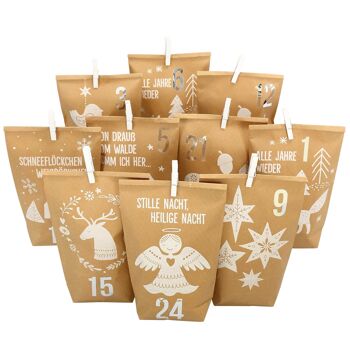 Calendrier de l'Avent extravagant à remplir - avec 24 sacs cadeaux marron et 24 autocollants et clips numérotés - motif animaux de la forêt blanc - pour l'artisanat et les cadeaux - Noël et l'Avent 1