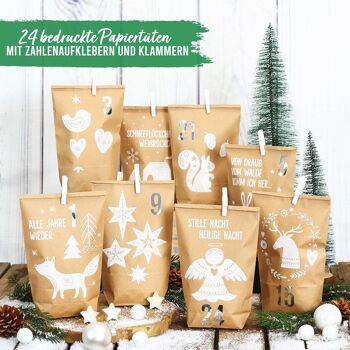 Calendrier de l'Avent extravagant à remplir - avec 24 sacs cadeaux marron et 24 autocollants et clips numérotés - motif animaux de la forêt blanc - pour l'artisanat et les cadeaux - Noël et l'Avent 2