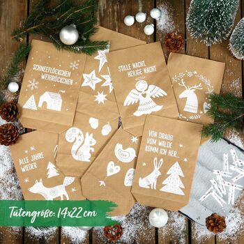 Calendrier de l'Avent extravagant à remplir - avec 24 sacs cadeaux marron et 24 autocollants et clips numérotés - motif animaux de la forêt blanc - pour l'artisanat et les cadeaux - Noël et l'Avent 3