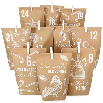 Calendrier de l'Avent extravagant à remplir - avec 24 sacs-cadeaux marron et 24 autocollants et clips numérotés - motif Noël blanc - pour l'artisanat et à offrir - Noël et l'Avent
