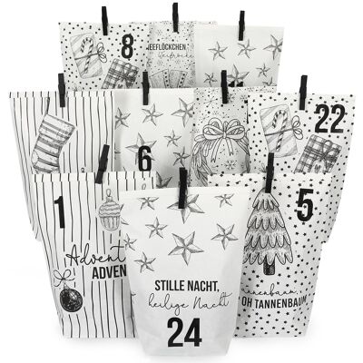 Extravagante calendario de Adviento para llenar - con 24 bolsas de regalo blancas y 24 adhesivos y clips con números - Juego de 15 motivos navideños - para manualidades y regalos - Navidad y Adviento