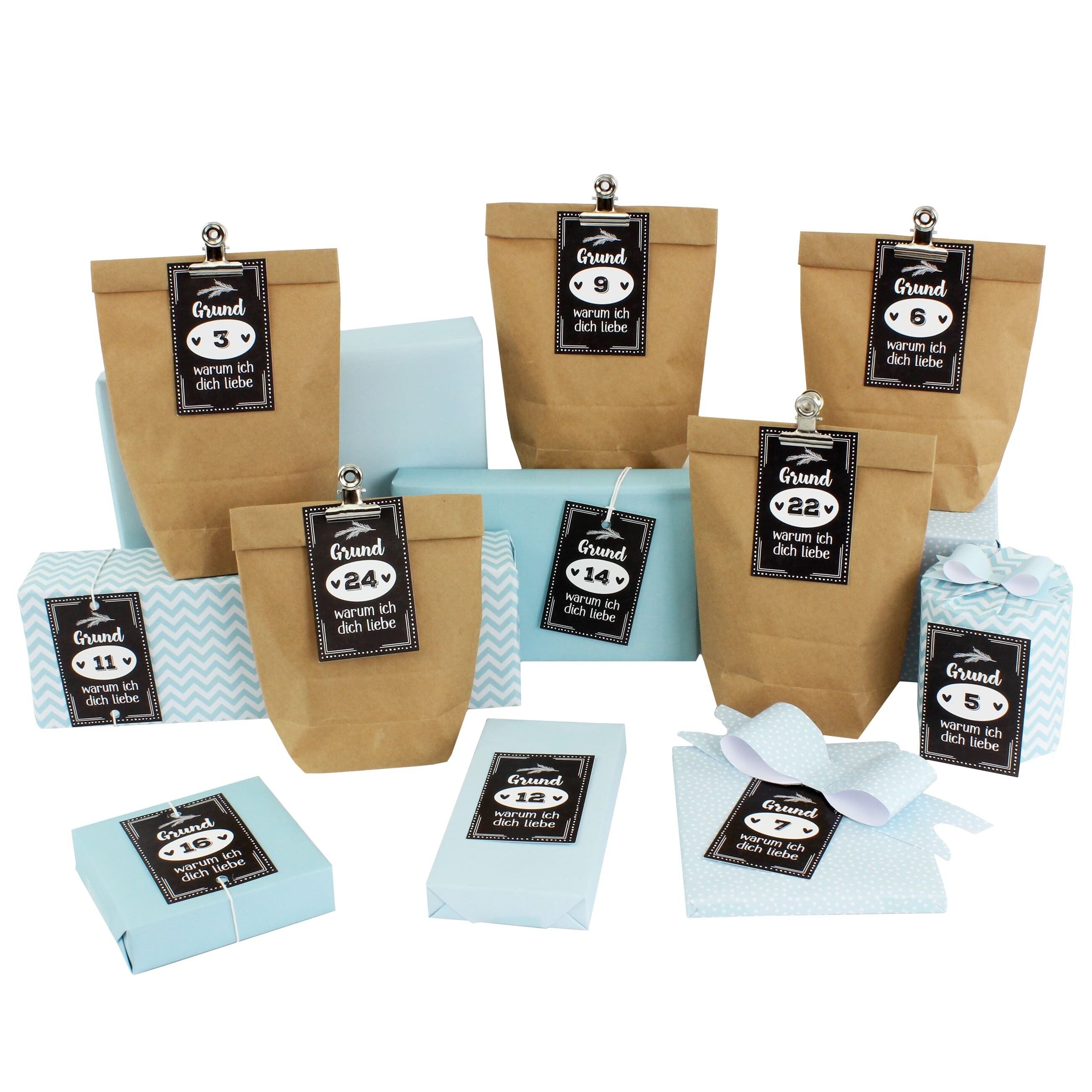 Calendario dell'avvento fai da te da riempire - 12 sacchetti regalo | 12 fogli di carta da regalo | 24 biglietti da visita con numeri e clip in metallo - 24 motivi - per fare le cose da soli e per concludere - Natale