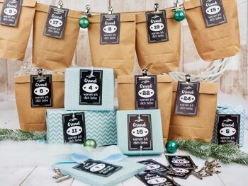 Calendrier de l'avent DIY à remplir - 12 sachets cadeaux | 12 feuilles de papier cadeau | 24 cartes de visite avec chiffres et clips métalliques - 24 raisons - à faire soi-même et à emballer - Noël 4