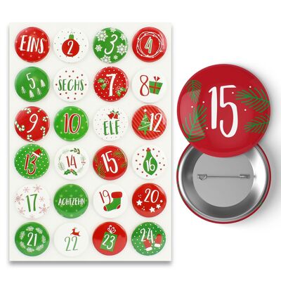 24 numeri del calendario dell'avvento su bottoni 35mm - spille per decorare calendari dell'avvento - con numeri da 1-24 - rosso-verde - ideale per sacchi di tessuto, borse e buste - bottoni numerici
