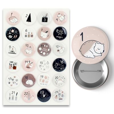 24 numéros de calendrier de l'avent sur boutons 35 mm - épingles pour décorer les calendriers de l'avent - avec des chiffres de 1 à 24 - rose-bleu - idéal pour les sacs en tissu, sacs et pochettes - boutons numérotés