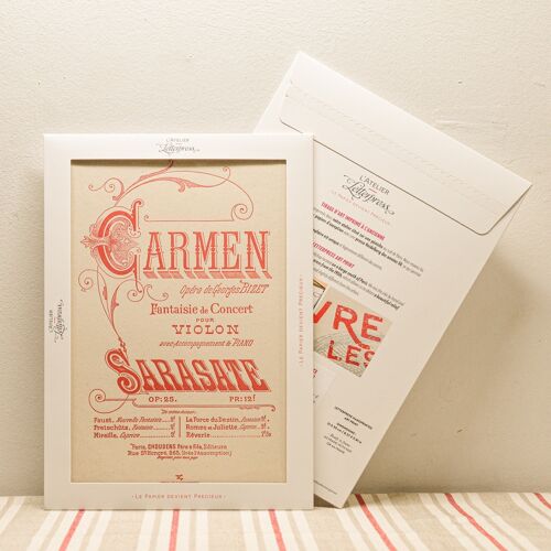 Affiche Letterpress Opéra Carmen de Bizet, A4, papier recyclé, musique classique, rouge