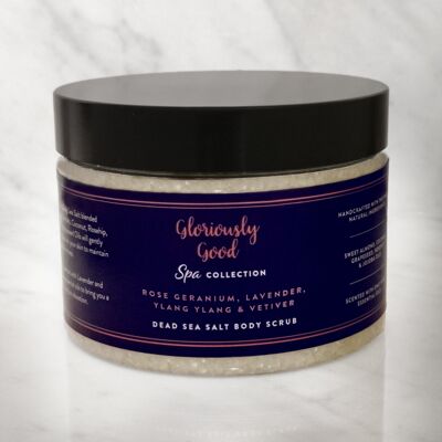 Scrub corpo al sale del Mar Morto, geranio alla rosa, lavanda, ylang ylang e vetiver