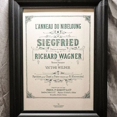 Affiche Letterpress Opéra Wagner Le Ring Siegfried, A4, papier recyclé, musique classique, vert