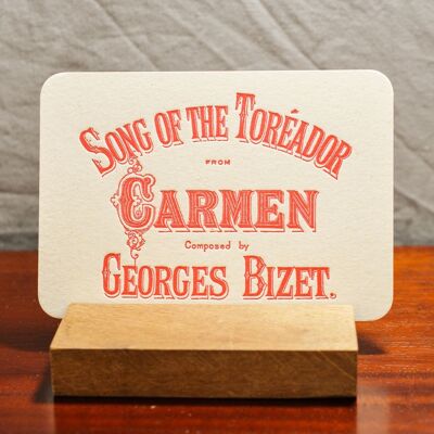 Tarjeta de música tipográfica Carmen de Bizet, música clásica, ópera, relieve, papel reciclado grueso, rojo