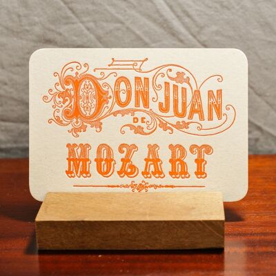 Letterpress Music Don Giovanni de Mozart card, musica clasica, opera, relieve, papel grueso reciclado, naranja