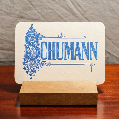 Carte Letterpress Musique Schumann, musique classique, opéra, relief, papier recyclé épais, bleu