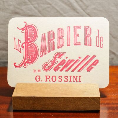 Letterpress Music Barber of Seville card di Rossini, musica classica, opera, rilievo, carta spessa riciclata, rosa, rosso