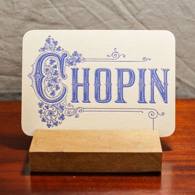 Carte Letterpress Musique Chopin, musique classique, relief, papier recyclé épais, bleu