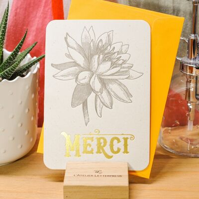 Tarjeta Merci Lotus tipográfica (con sobre), flor, oro, amarillo, vintage, papel grueso reciclado