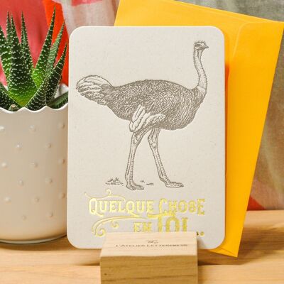 Ostrich Letterpress Card (con busta), uccello, oro, giallo, vintage, carta riciclata spessa