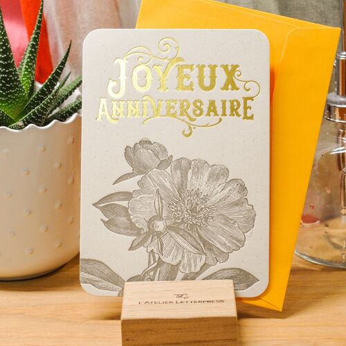 Carte Letterpress Joyeux Anniversaire Camélia (avec enveloppe), fleur, or, jaune, vintage, papier recyclé épais