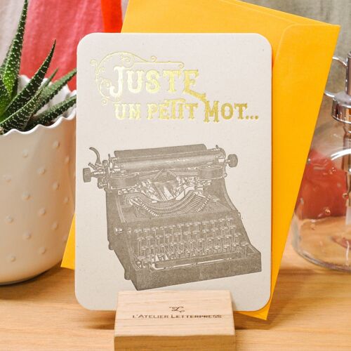 Carte Letterpress Juste un Petit Mot Machine à écrire (avec enveloppe), or, jaune, vintage, papier recyclé épais