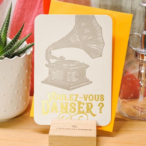 Carte Letterpress Phonographe Voulez-vous Danser ? (avec enveloppe), or, jaune, vintage, papier recyclé épais