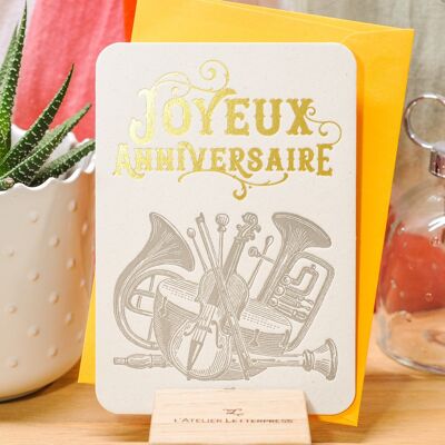 Carte Letterpress Joyeux Anniversaire Musique (avec enveloppe), or, jaune, vintage, papier recyclé épais