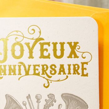 Carte Letterpress Joyeux Anniversaire Musique (avec enveloppe), or, jaune, vintage, papier recyclé épais 2