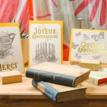 Carte Letterpress Joyeux Anniversaire Musique (avec enveloppe), or, jaune, vintage, papier recyclé épais 3