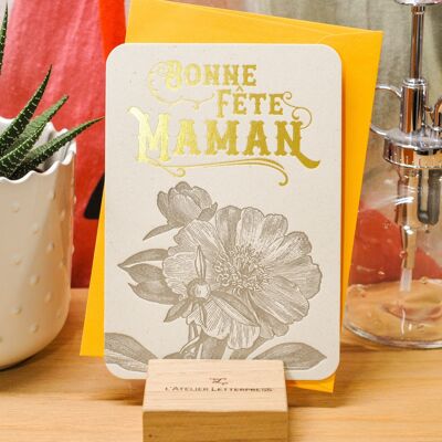 Carte Letterpress Bonne Fête Maman Camélia (avec enveloppe), fête des mères, or, jaune, vintage, papier recyclé épais
