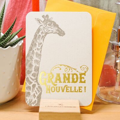 Carte Letterpress Girafe Grande Nouvelle (avec enveloppe), or, jaune, vintage, papier recyclé épais