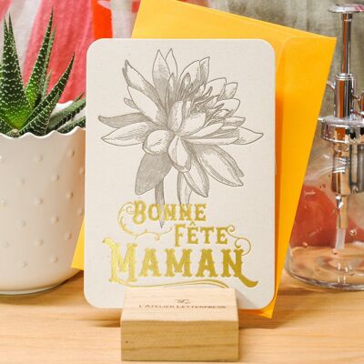 Letterpress Bonne Fête Maman Lotus card (with envelope), mother's day, gold, yellow, vintage, thick recycled paper