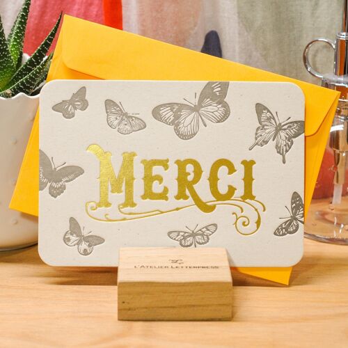 Carte Letterpress Merci Papillons (avec enveloppe), or, jaune, vintage, papier recyclé épais