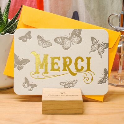 Tarjeta tipográfica Merci Papillons (con sobre), oro, amarillo, vintage, papel grueso reciclado