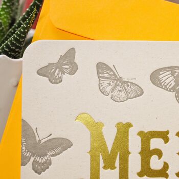Carte Letterpress Merci Papillons (avec enveloppe), or, jaune, vintage, papier recyclé épais 2