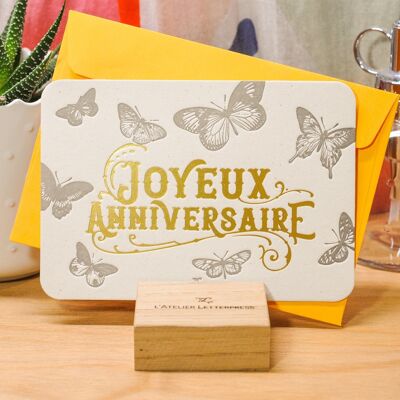 Happy Birthday Butterflies Letterpress Card (con sobre), oro, amarillo, vintage, papel grueso reciclado
