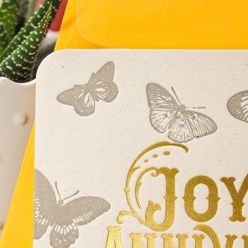 Carte Letterpress Joyeux Anniversaire Papillons (avec enveloppe), or, jaune, vintage, papier recyclé épais 2