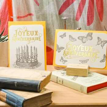 Carte Letterpress Joyeux Anniversaire Papillons (avec enveloppe), or, jaune, vintage, papier recyclé épais 3