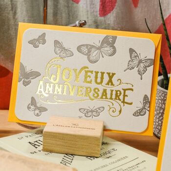 Carte Letterpress Joyeux Anniversaire Papillons (avec enveloppe), or, jaune, vintage, papier recyclé épais 4