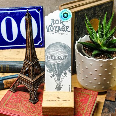 Bookmark Letterpress Hot Air Balloon Bon Voyage, Paris, vintage, book, blue