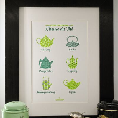 Tea Time Letterpress poster, A4, kitchen, relief, green