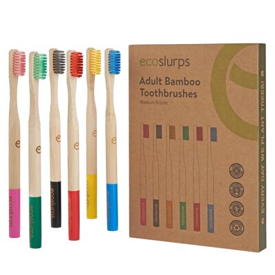 EcoSlurps Bambus-Zahnbürsten – EcoSlurps-Packung mit 6 einzeln verpackten Zahnbürsten mit mittleren Borsten – können einzeln verkauft werden